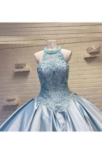 Halter Neckline Rhinestone And Crystal Beaded Quinceañera Dress Satin Ball Gown Prom SRSPZQM9EC2