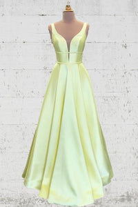 Unique A Line Yellow Satin Prom Dresses with Pockets, Simple Formal SRS15680