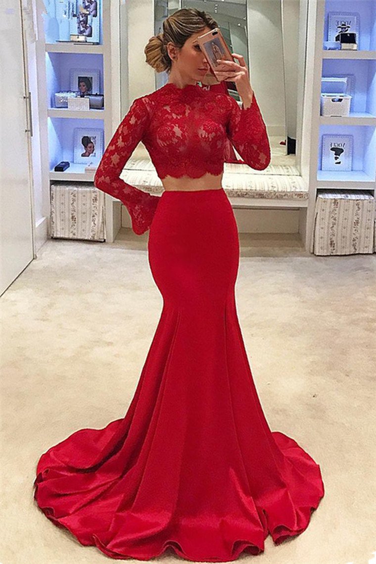 2023 Two-Piece High Neck Long Sleeves Satin With Applique Mermaid Prom Dresses