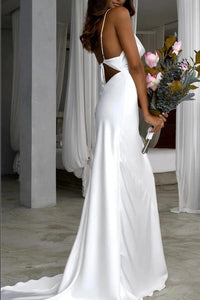 Elegant Mermaid Cowl Neckline White Simple Wedding Dresses, Spaghetti Straps Bridal Dress SRS15177