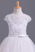 Load image into Gallery viewer, 2024 Flower Girl Dresses Short Sleeves Scoop A Line With Applique And Ribbon Tulle