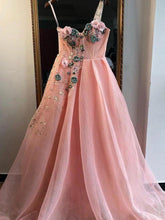 Load image into Gallery viewer, Unique A Line One Shoulder 3D Appliques Pink Tulle Long Beads Prom SRS15677