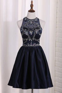 2024 New Arrival A Line Satin Scoop Beaded Bodice Homecoming Dresses