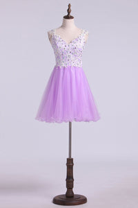 2024 Short/Mini Prom Dress A Line Tulle Skirt With Embellished Bodice Beaded