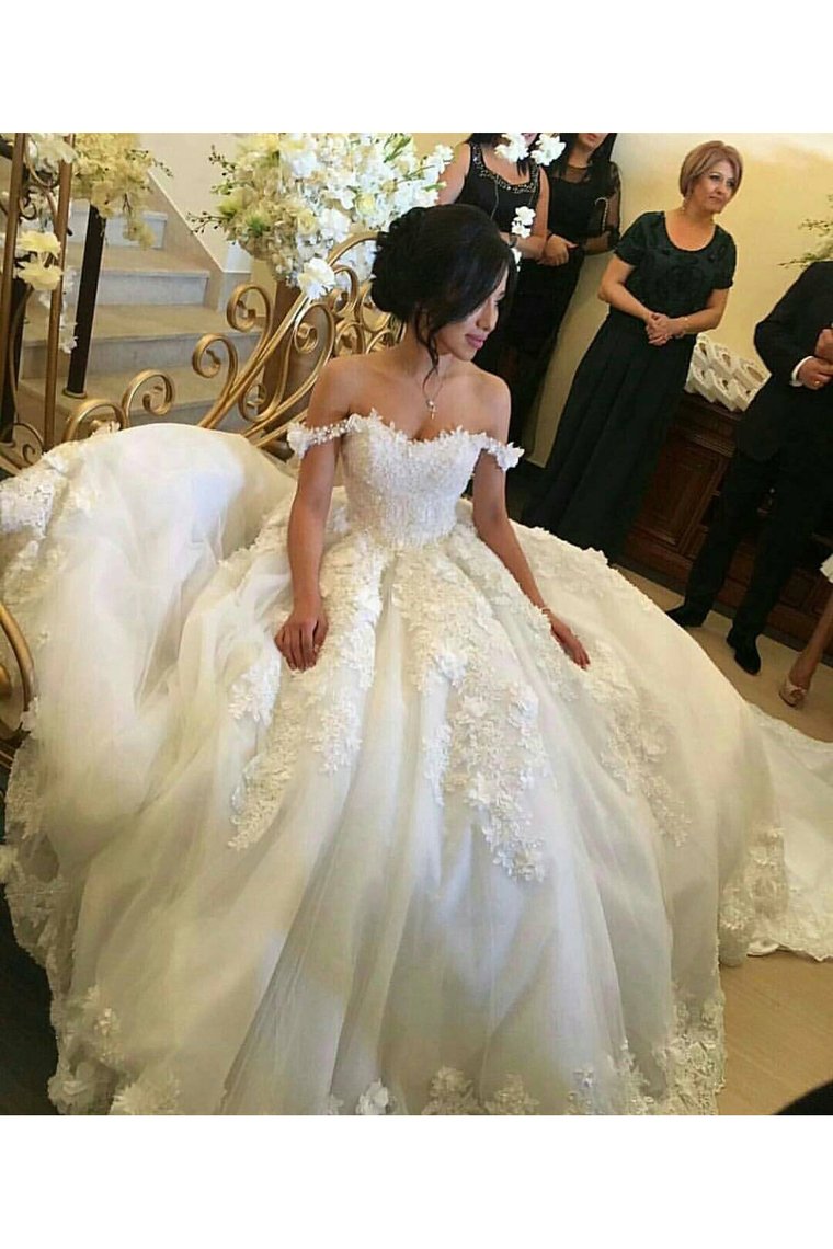 2024 Wedding Dresses Off The Shoulder A-Line Tulle With Applique Court Train