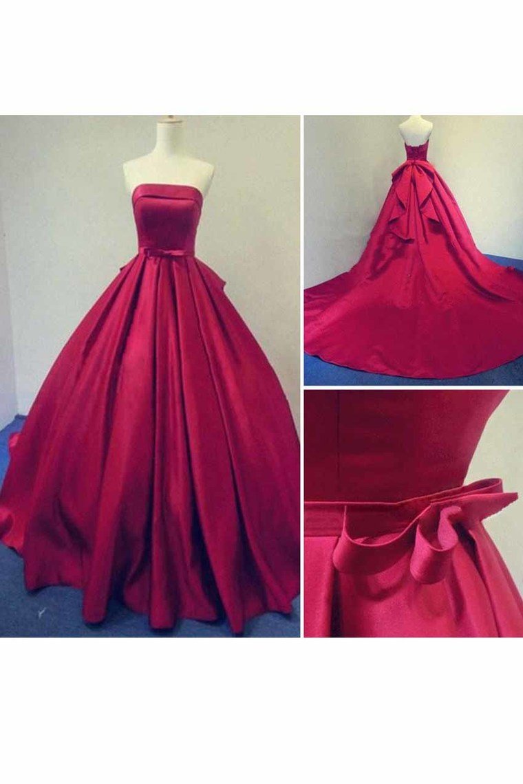 2024 Strapless A Line Satin With Sash Court Train Prom Dresses