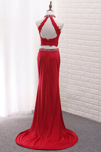2023 High Neck Spandex Two Pieces Prom Dresses With Applique And Beads Sweep Train