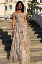 Load image into Gallery viewer, Sparkly A Line Off the Shoulder Prom Dresses with V Back, Long Dance Dresses SRS15600