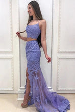 Load image into Gallery viewer, Elegant Two Pieces Mermaid Lilac Lace Slit Long Prom Dresses, Formal SRS15645