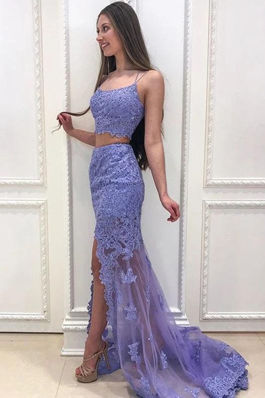 Elegant Two Pieces Mermaid Lilac Lace Slit Long Prom Dresses, Formal SRS15645