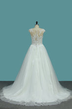 Load image into Gallery viewer, 2024 A Line Tulle Scoop Wedding Dresses With Applique Sweep Train