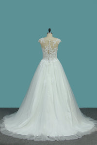 2024 A Line Tulle Scoop Wedding Dresses With Applique Sweep Train