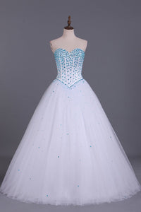 2024 Sweetheart Prom Dresses A Line Floor Length Beaded Bodice With Tulle Skirt
