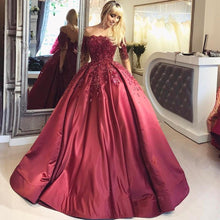 Load image into Gallery viewer, 2023 Dark Red Lace Long Sleeve Prom Dress Off-the-Shoulder Ball Gown Quinceanera SRS10076