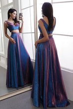 Load image into Gallery viewer, Two Pieces V Neck Straps V Back Floor Length Prom Dresses Long Party Dresses SRS15447