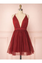 Load image into Gallery viewer, A Line V Neck Short Red/Burgundy Tulle Prom Dresses Homecoming Dresses