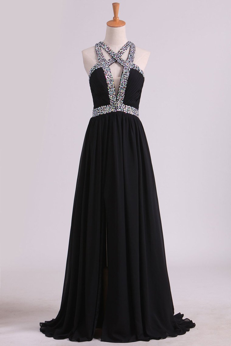 2024 Black Prom Dresses A Line Chiffon With Beads And Slit Cross Back