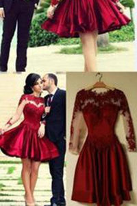 Short Ball Gown High Neckline with Long Sleeves Lace Dark Wine Red Backless Lace Prom Dress RS24