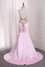 Load image into Gallery viewer, 2024 Halter Beaded Bodice Satin Prom Dresses Mermaid See-Through
