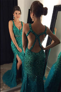 2024 Tulle Straps With Beads And Slit Prom Dresses Mermaid Open Back
