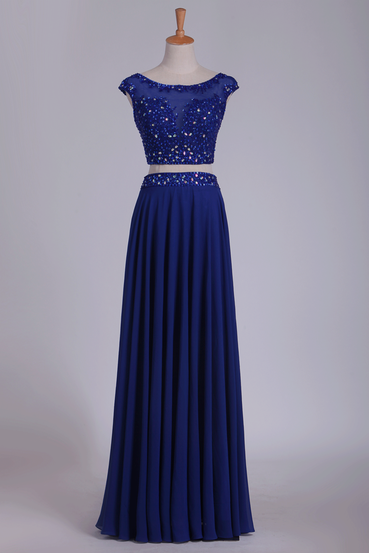 2024 Two Pieces Scoop With Beading Prom Dresses A Line Floor Length Dark Royal Blue