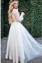 Load image into Gallery viewer, Princess Long Sleeve Lace Top Beach Wedding Dresses With Slit Tulle Ivory Wedding Gowns SRS15299