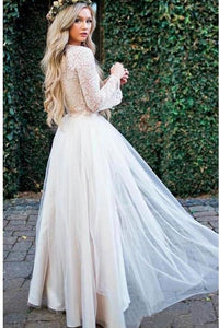Princess Long Sleeve Lace Top Beach Wedding Dresses With Slit Tulle Ivory Wedding Gowns SRS15299