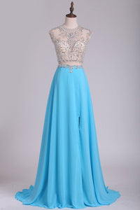 2024 Scoop Prom Dresses Chiffon With Slit And Beads A Line