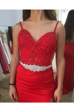 Load image into Gallery viewer, Beaded Spaghetti Straps Sweetheart Neckline Rhinestones Sash Red Prom SRSP5J9N6GT