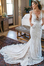 Load image into Gallery viewer, V-Neck Ivory Lace Long Mermaid Elegant Wedding Dresses Wedding Gowns