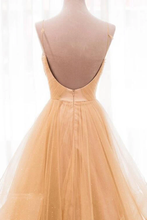 Load image into Gallery viewer, Spaghetti Straps V Neck Sparky Long Prom Dress Backless Pleated Tulle Party SRSPBA8153J