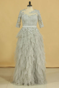 2024 Plus Size Silver Scoop Half Sleeve A Line Mother Of The Bride Dresses With Applique Tulle