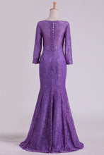 Load image into Gallery viewer, 2024 Purple Mother Of The Bride Dresses V Neck 3/4 Length Sleeve Mermaid Lace Floor Length