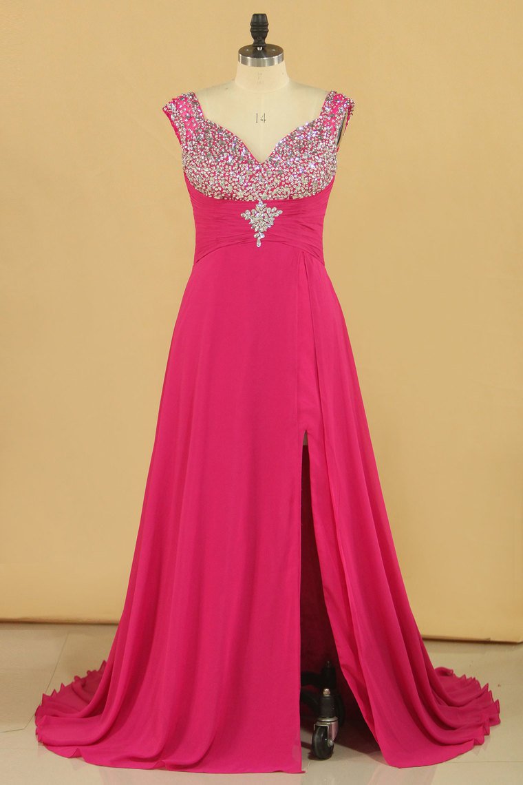 2024 Prom Dresses Straps With Beads And Slit Sweep Train Plus Size