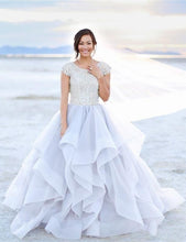 Load image into Gallery viewer, 2024 Sparkly Beads Ruffles Organza Scoop Cap Sleeve Lavender Prom Wedding Dresses RS143