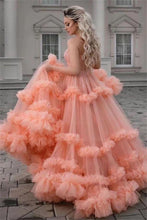Load image into Gallery viewer, Gorgeous Ball Gown Spaghetti Straps Tulle Ruffles V Neck Prom Dresses with Sequins SRS15519