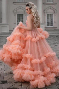 Gorgeous Ball Gown Spaghetti Straps Tulle Ruffles V Neck Prom Dresses with Sequins SRS15519