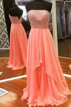 Load image into Gallery viewer, New Arrival Modest Strapless Straps Long Chiffon Pearl Pink Beaded Sexy Prom Dresses RS53