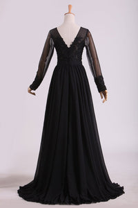 2024 Black Evening Dresses Long Sleeves A Line Chiffon With Applique & Slit