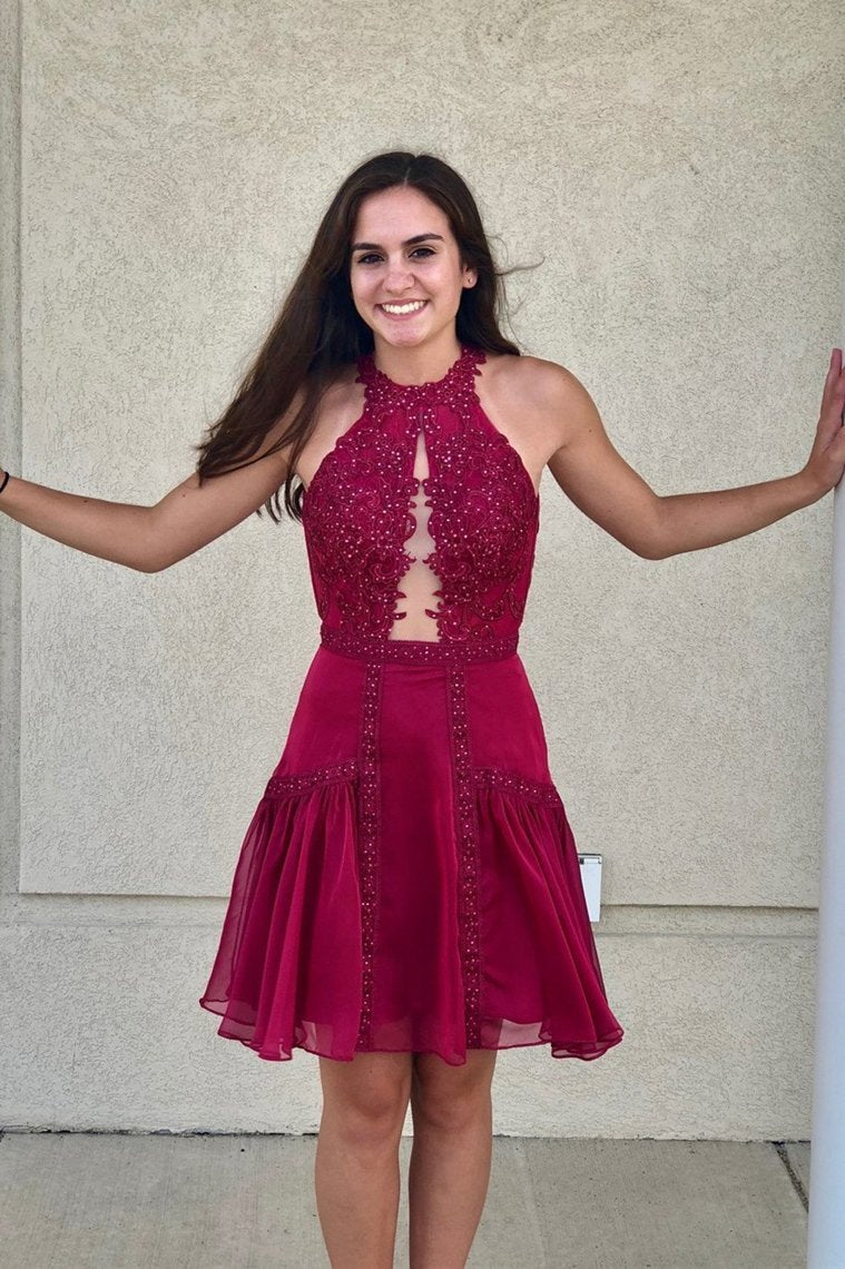 Cute A Line Halter Short Homecoming Dress With Beads