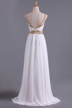 Load image into Gallery viewer, 2024 White A Line Prom Dresses Bateau Open Back Chiffon With Beads &amp; Ruffles Sweep Train