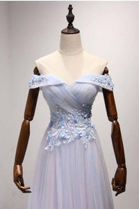 Sky Blue A-Line Off-the-Shoulder Floor-Length Tulle Prom Dresses with Appliques Lace RS955