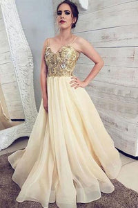 Princess Tulle Champagne Spaghetti Straps Sweetheart Prom Dress, Cheap Formal Dresses SRS15310
