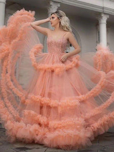 Gorgeous Ball Gown Spaghetti Straps Tulle Ruffles V Neck Prom Dresses with Sequins SRS15519
