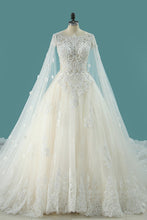 Load image into Gallery viewer, 2023 Luxurious Scoop Wedding Dresses A Line Tulle With Appliques And Beading Royal Train