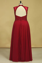 Load image into Gallery viewer, 2024 High Neck Prom Dresses Beaded Bodice Burgundy/Maroon A Line Chiffon Open Back
