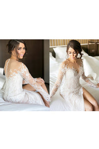 2023 Scoop Long Sleeves Lace With Slit Wedding Dresses Chapel Train Detachable