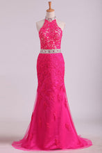 Load image into Gallery viewer, 2024 High Neck Open Back Sheath Prom Dresses Tulle With Applique And Rhinestones