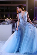Load image into Gallery viewer, 2024 Scoop Prom Dresses Mermaid Tulle With Applique Sweep Train Detachable
