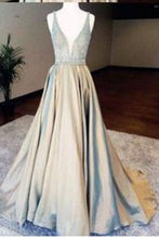 Load image into Gallery viewer, custom made satin v-neck sequin long prom gown Sleeveless A-Line evening dress Prom Dresses uk